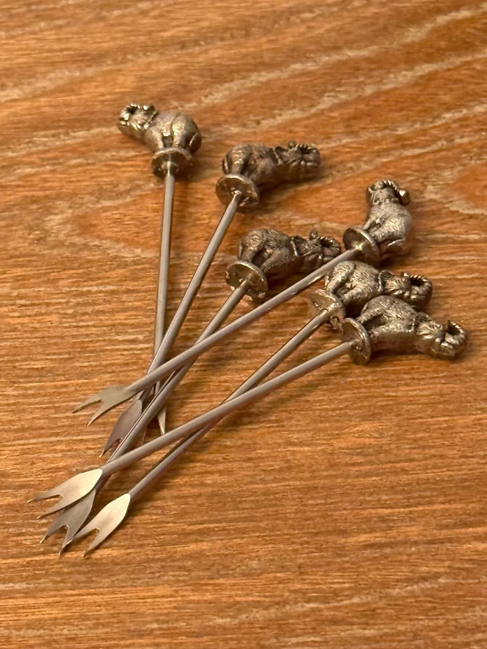 Antique Brass Elephant Olive Picks with Holder - Brown